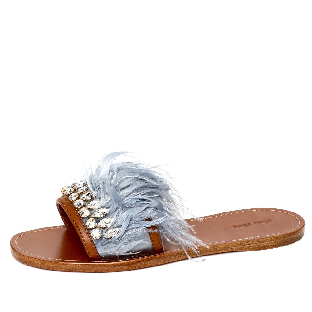 MIU MIU Swarovski Crystal Feather Sandals Slides